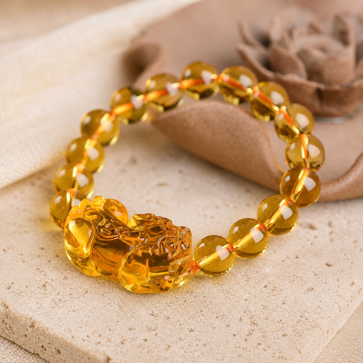 Angled view of Citrine Pixiu bracelet with amber Pixiu centerpiece