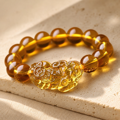 Citrine Pixiu bracelet with translucent golden beads and amber centerpiece on ivory limestone