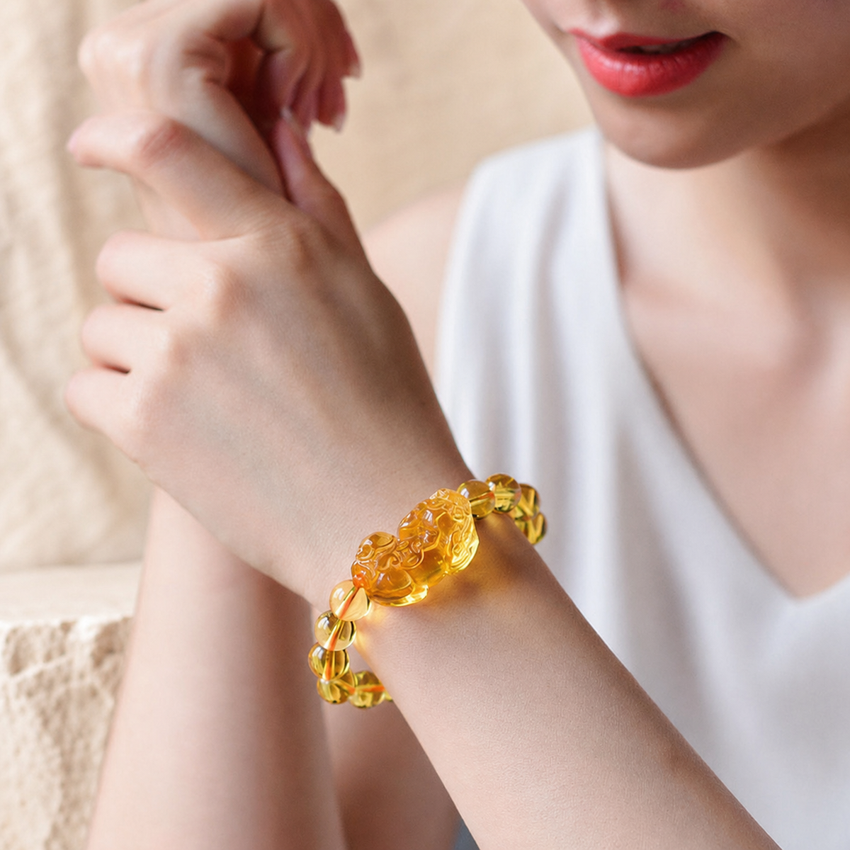Citrine Pixiu bracelet shown worn on one wrist