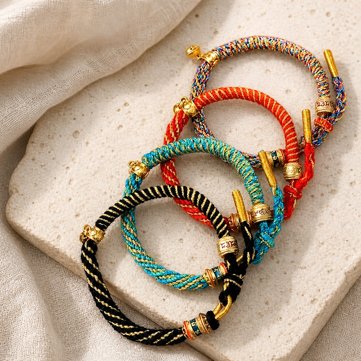 Five-color woven bracelet set arranged on ivory stone