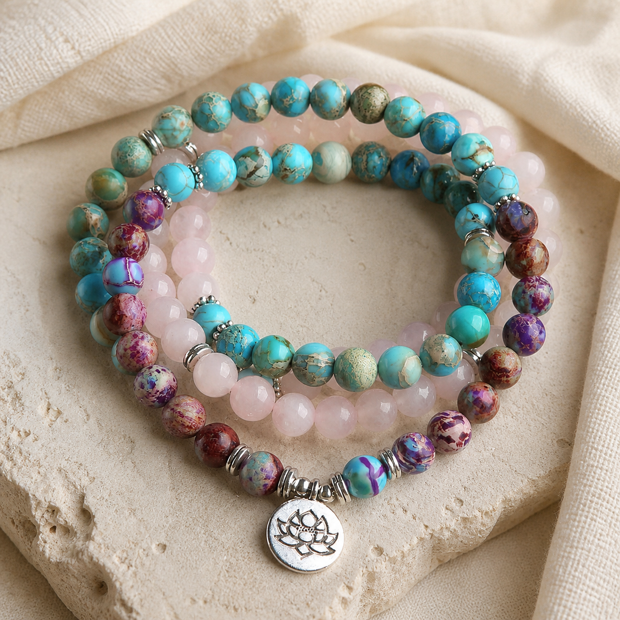Lotus of Calm mala bead and lotus medallion detail