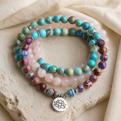 Lotus of Calm mala bead and lotus medallion detail