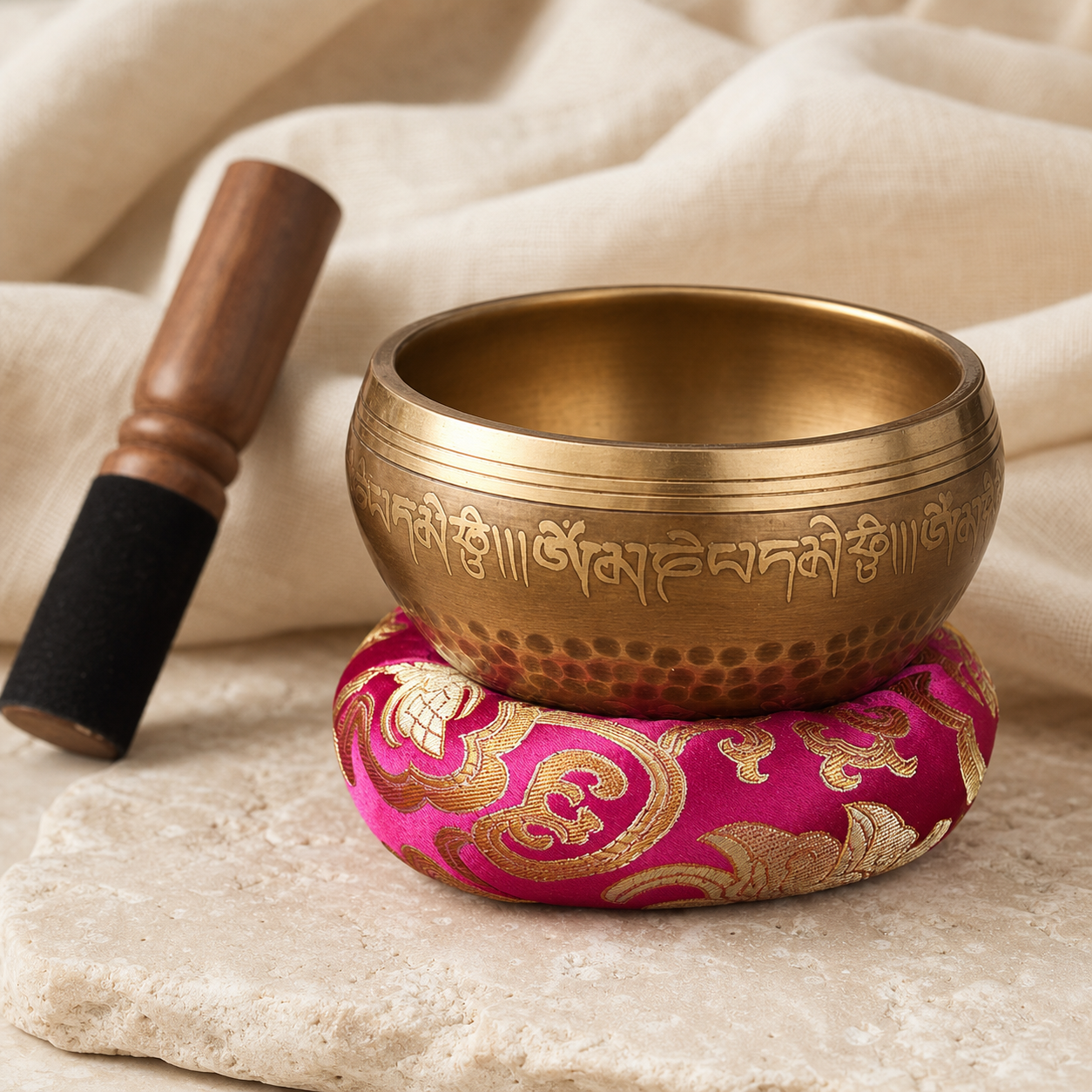Close-up of a Six-Syllable Mantra singing bowl with wooden striker