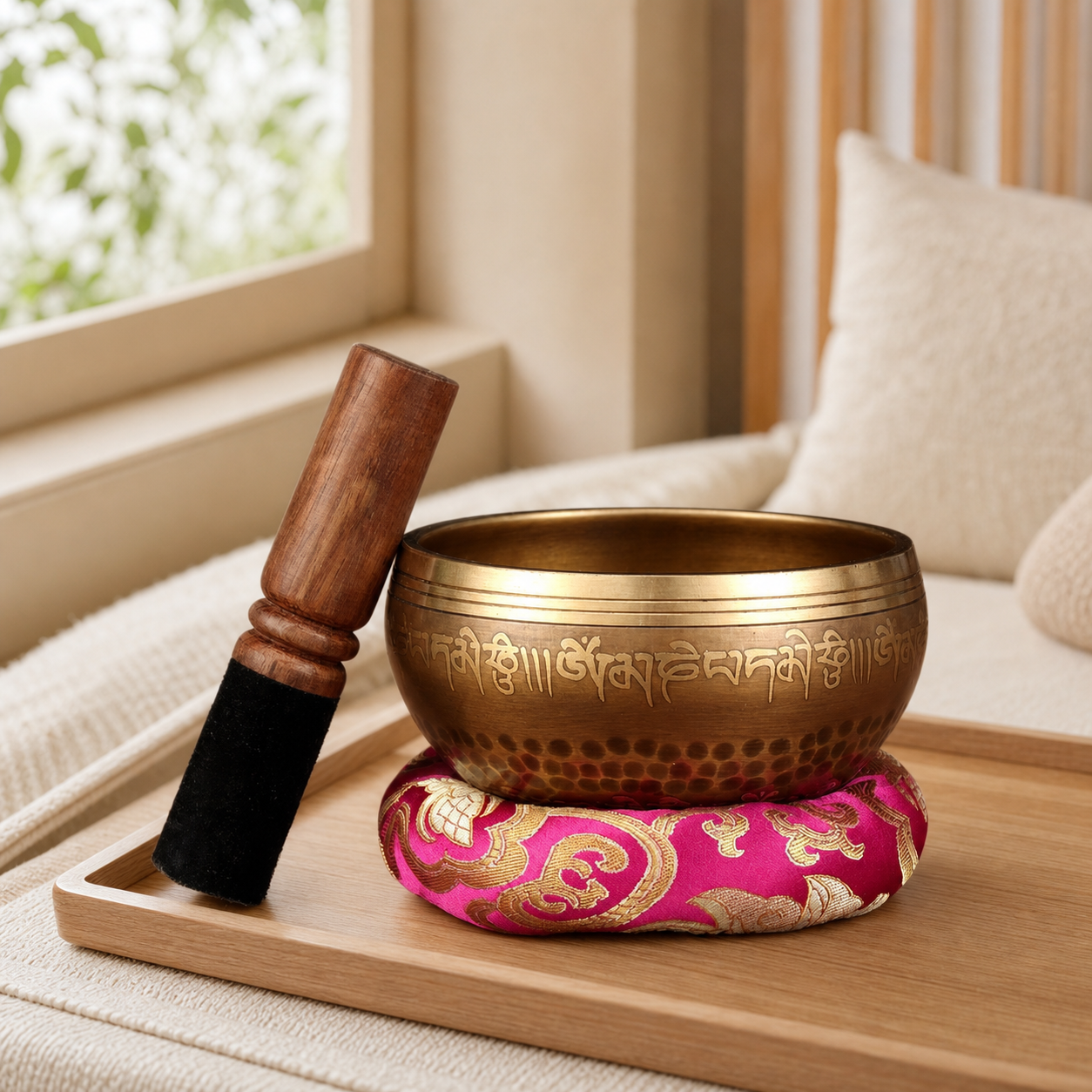 Six-Syllable Mantra singing bowl set in a calm home meditation space