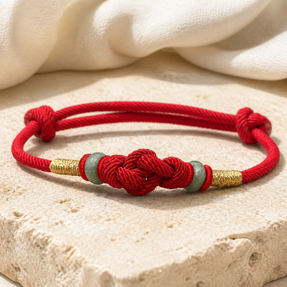 Red string jade bracelet with woven knot on warm ivory stone