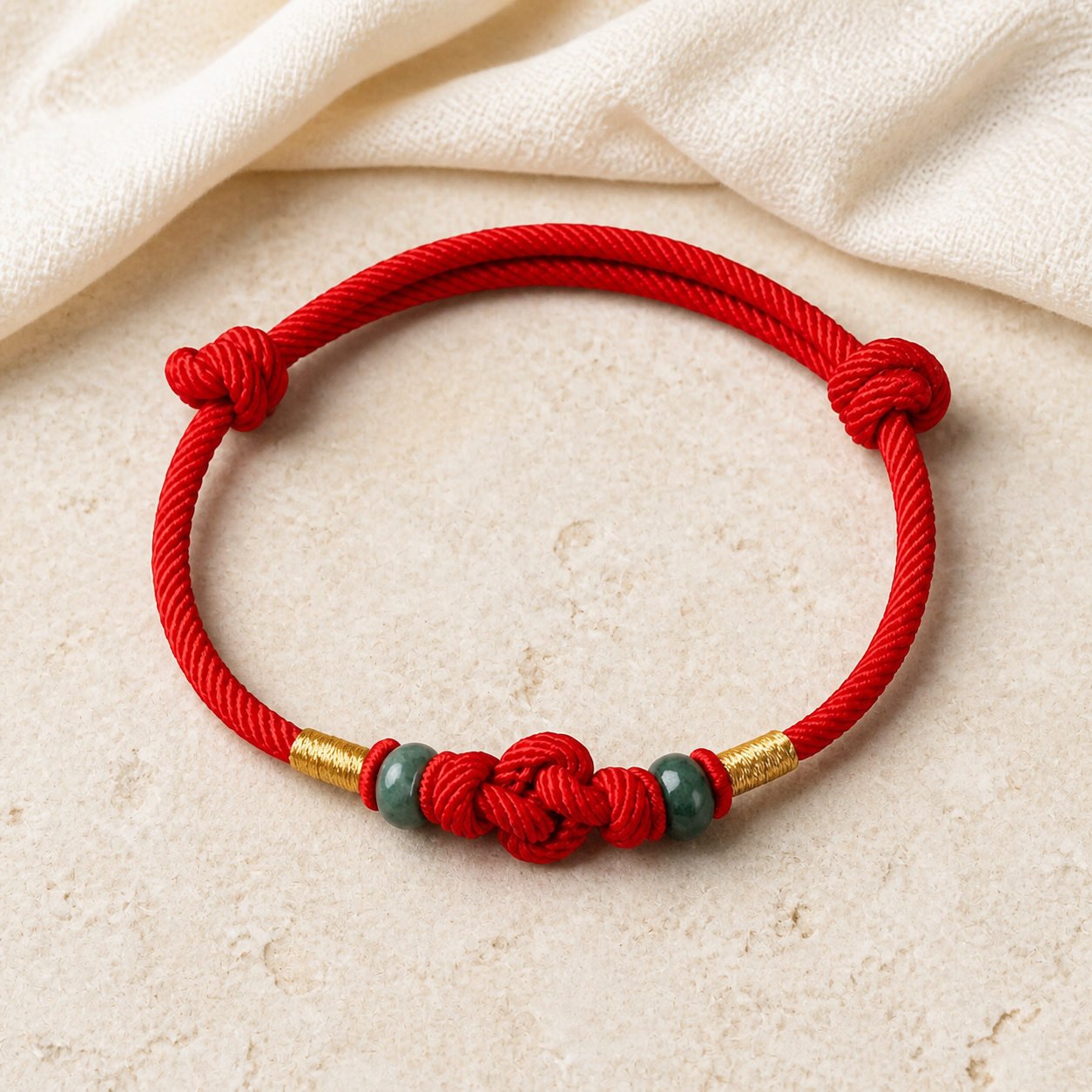 Red string jade bracelet full loop on ivory limestone