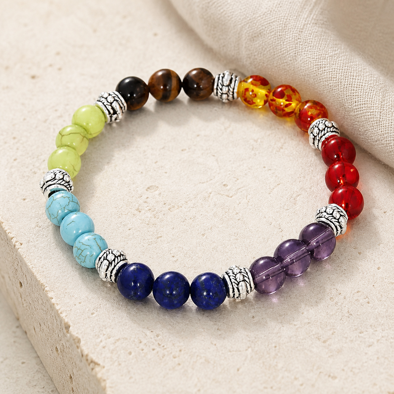 Seven color stone bracelet full loop on ivory linen