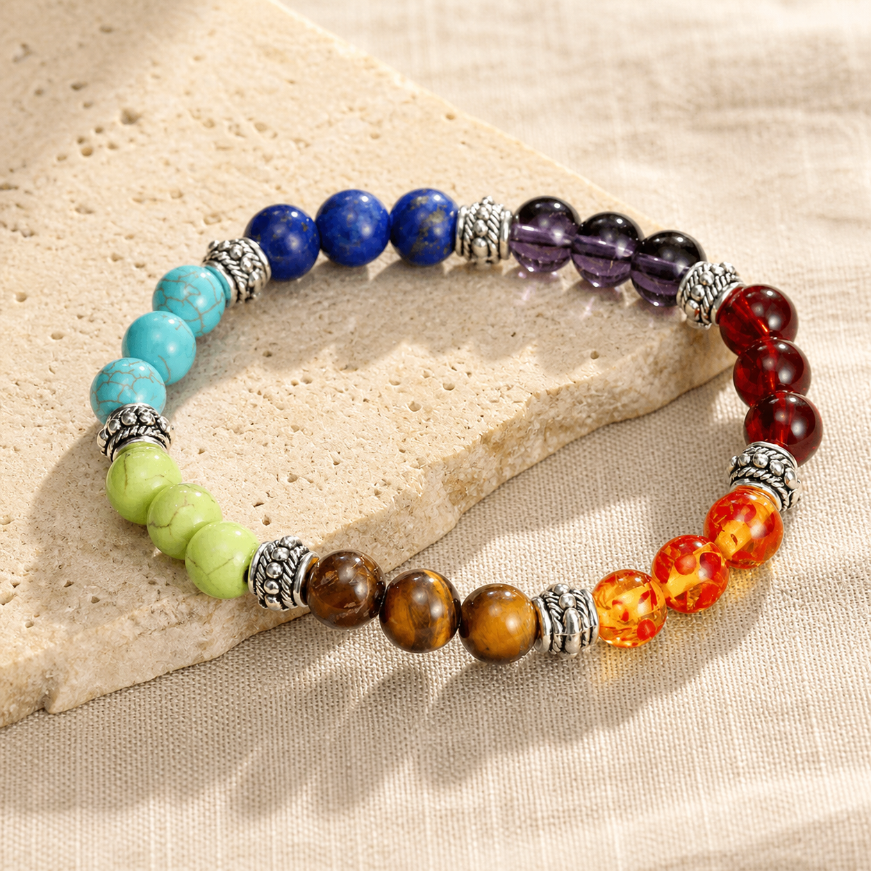 Seven color stone bracelet on warm ivory stone