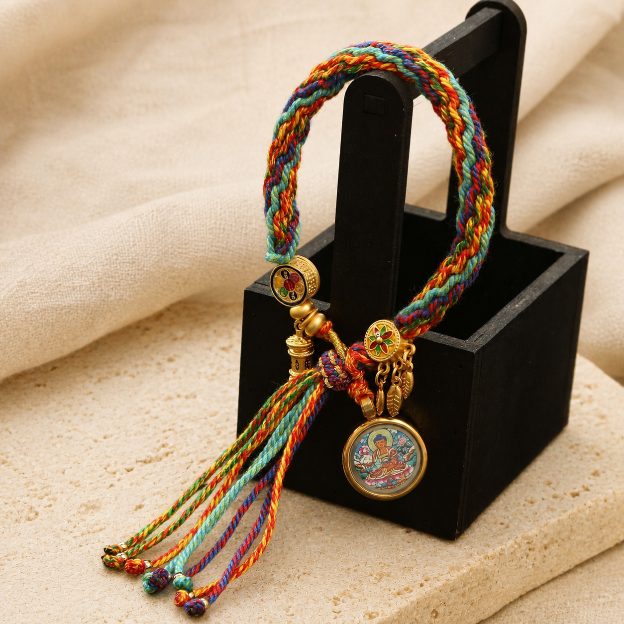 Tibetan zodiac guardian deity bracelet beside its original box