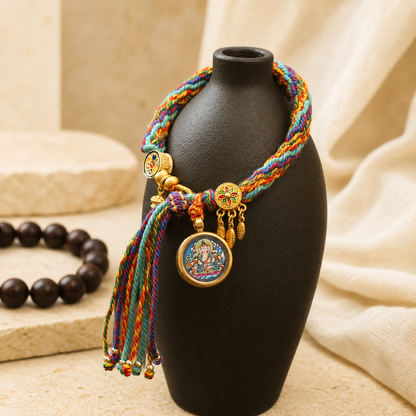 Tibetan zodiac guardian deity bracelet with multicolor cord detail